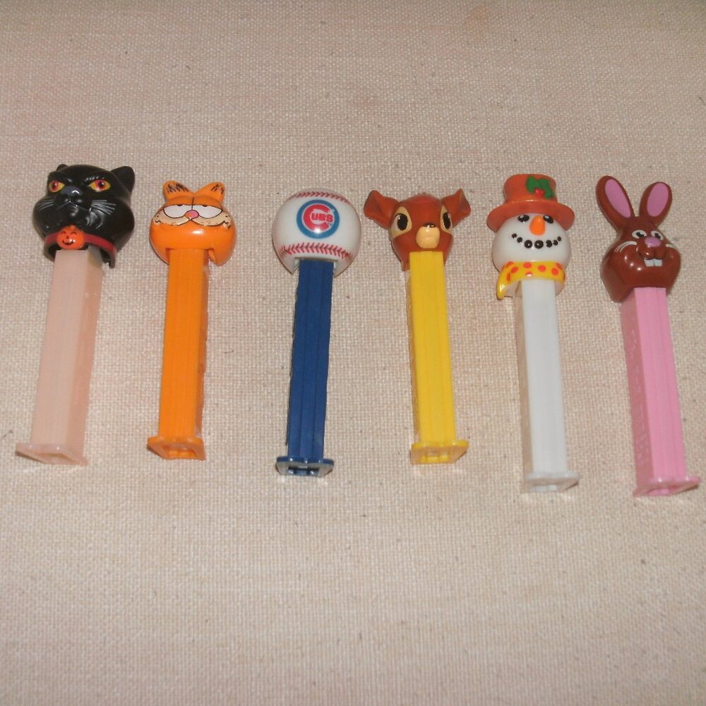LOT 6 Pez Dispensers Brown Bunny Black Cat Snowman Cubs Baseball Garfield Bambi